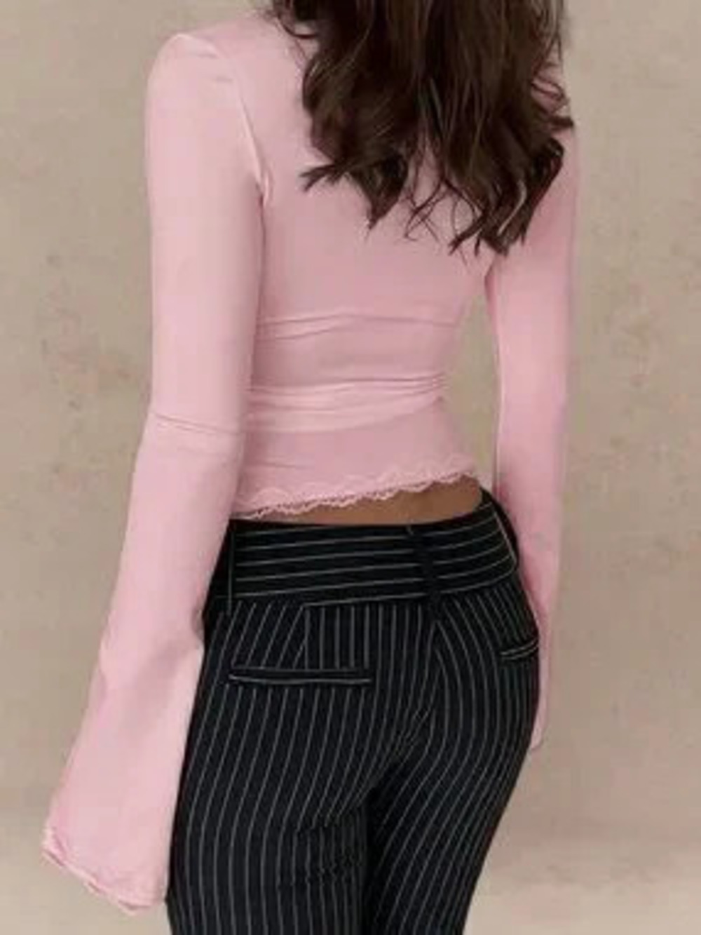 Pink Casual Women's Sexy V-Neck Long Sleeve Tie-Front Lace Trim Blouse